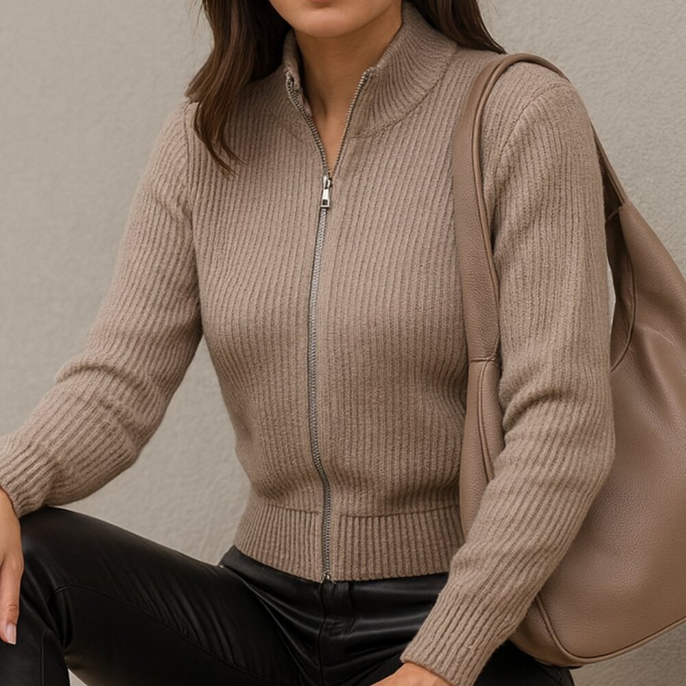 NWOT Divided Taupe Ribbed Crew Neck Zip Front Knitted Cardigan With Pockets - Picture 1 of 9
